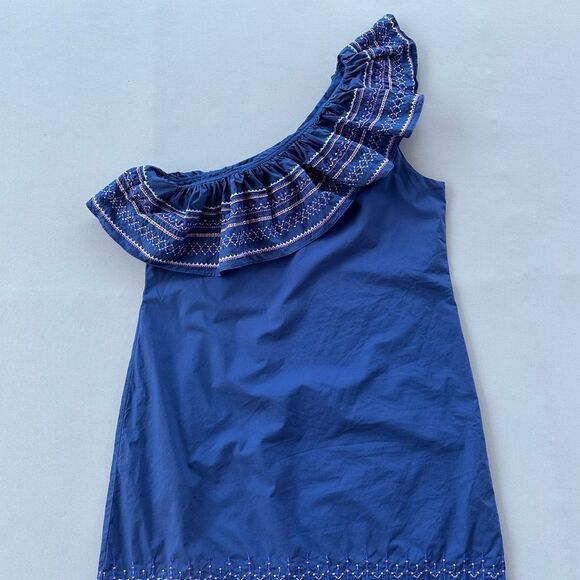 🎉5 for $45🎉Parker Dress One Sleeve Women Size L Embroidered Blue - Picture 2 of 8